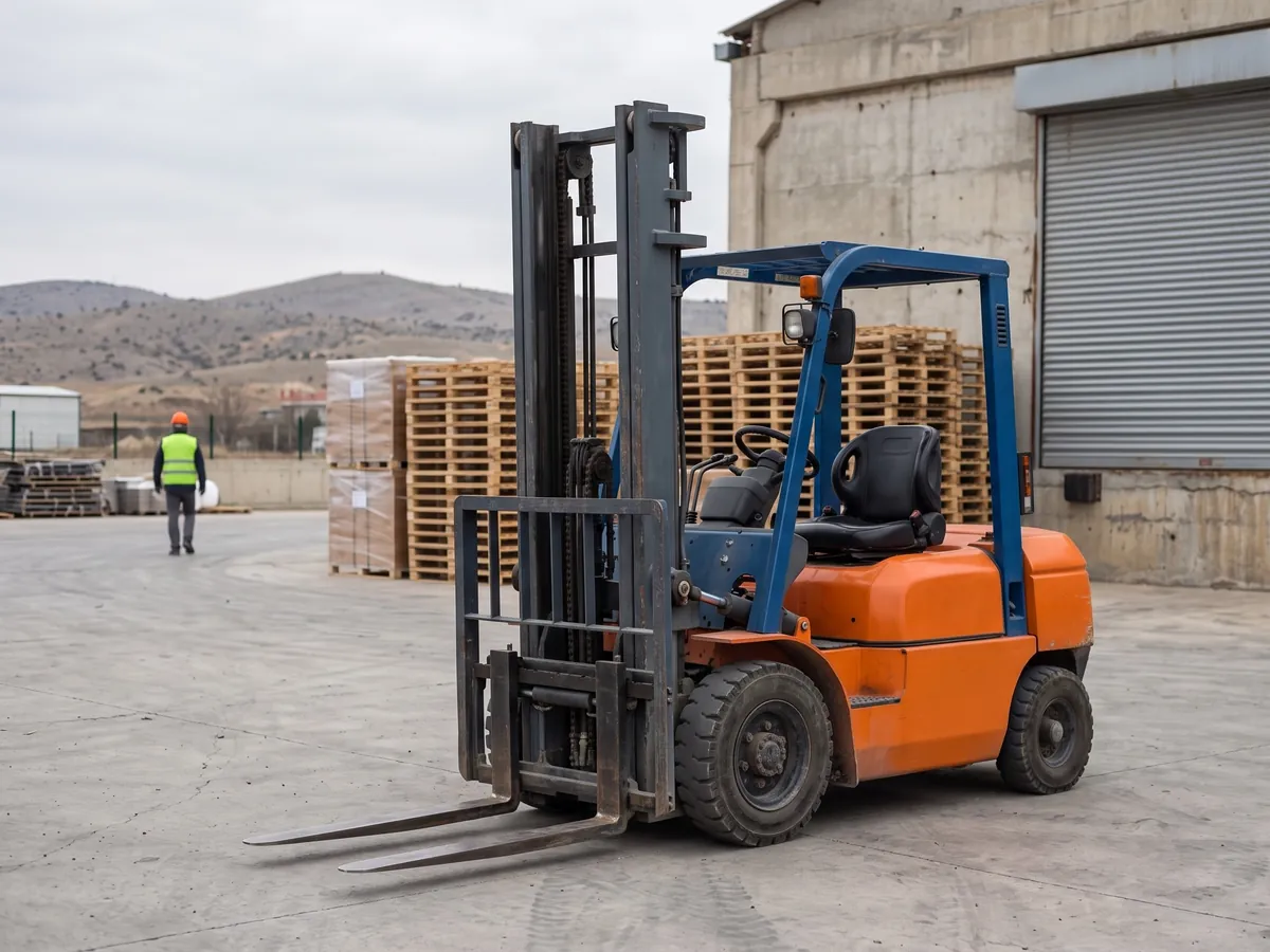 Ekipman sahasında paletlerin önünde duran dizel forklift