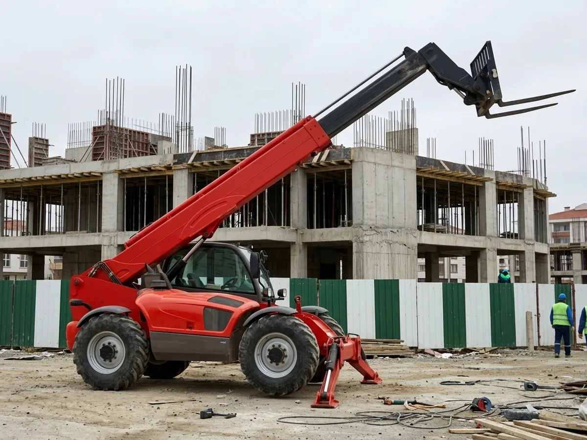 Şantiyede bomu uzatılmış telehandler
